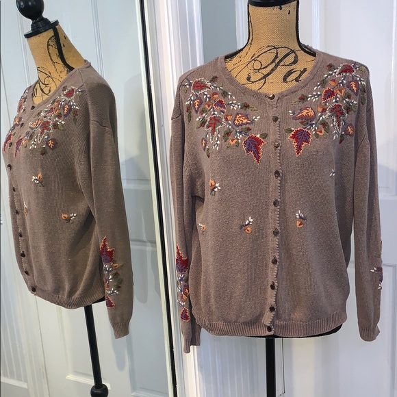 Vintage Heirloom Collectible Embroidered Fall Leaf Cardigan Knit Sweater *L - Picture 1 of 16
